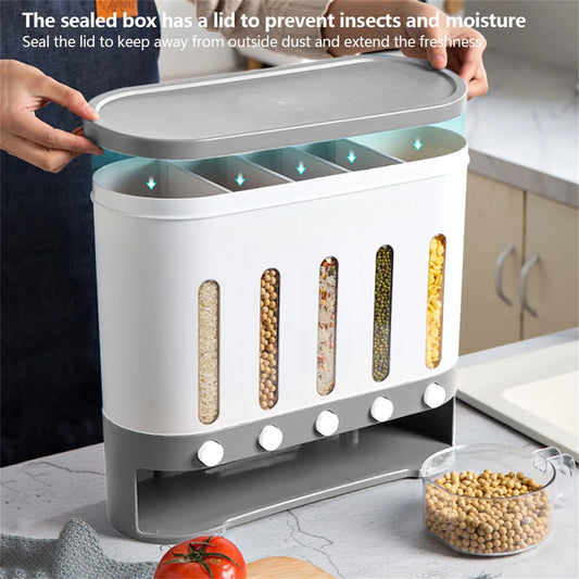 Cereal Dispenser Wall Mounted Grain Dispenser Storage 5 in 1 Kitchen Dispensing Container Food Dispenser for Cereals, Rice